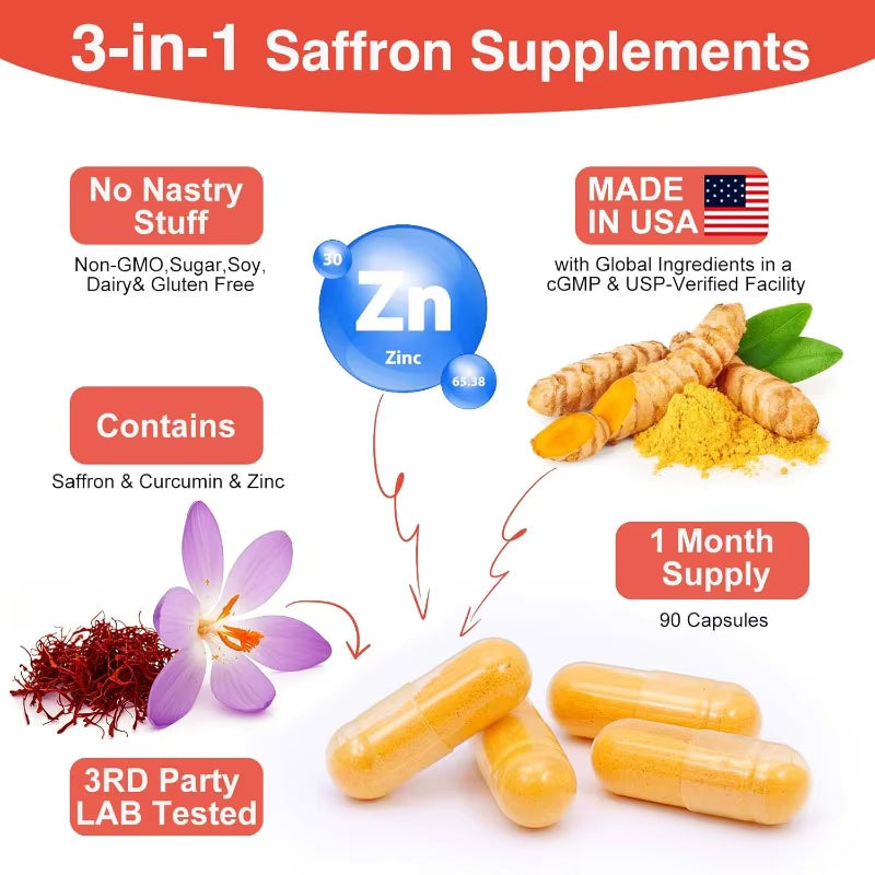 Optimized Organic Saffron Extract, Curcumin, and Zinc Eye Health Support 60 Capsules