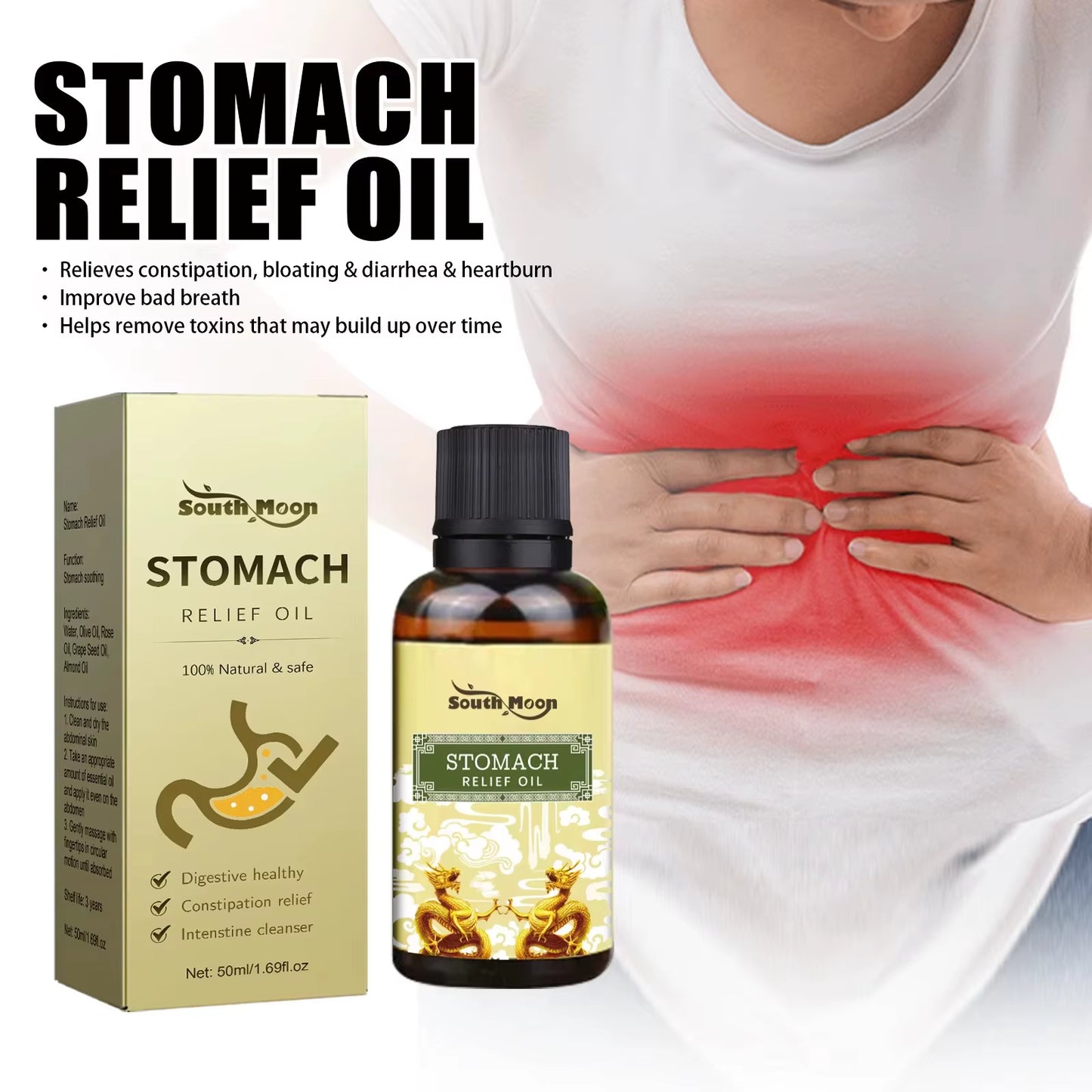 Stomach Relief Oil Relieve Indigestion Stomachache Bloating Treat Gastritis Improve Bad Breath Herbal Detoxification