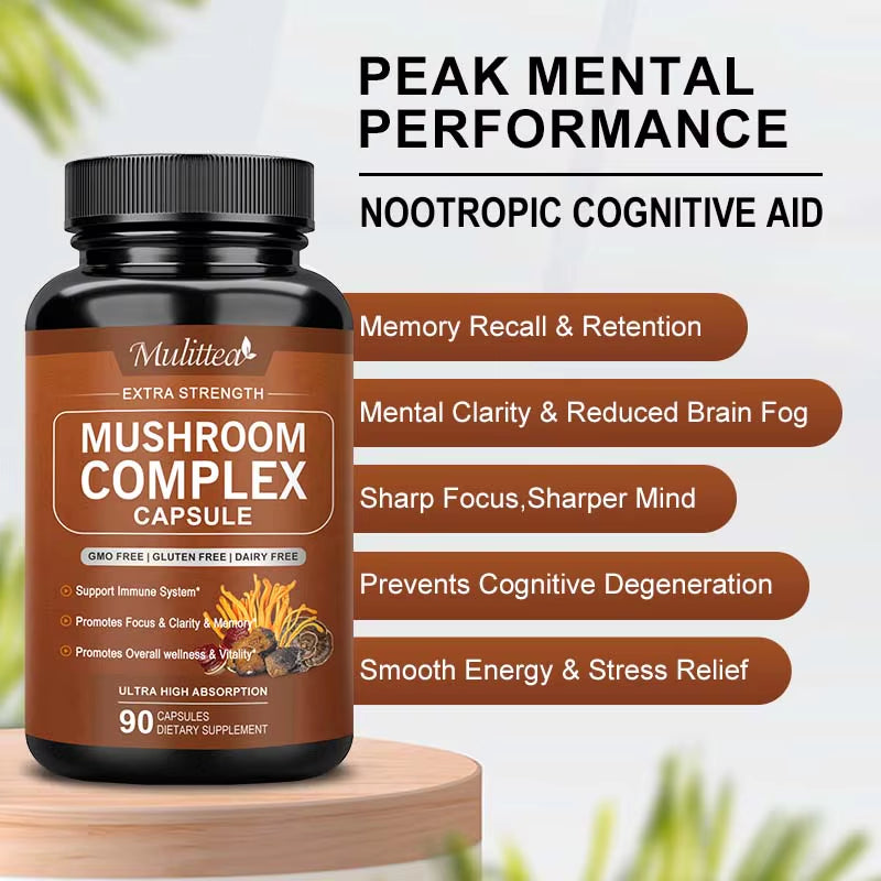 10X Mushroom Complex Capsules with Lions Mane, Chaga Nootropic Brain Supplement for Memory and Focus Relief Stress