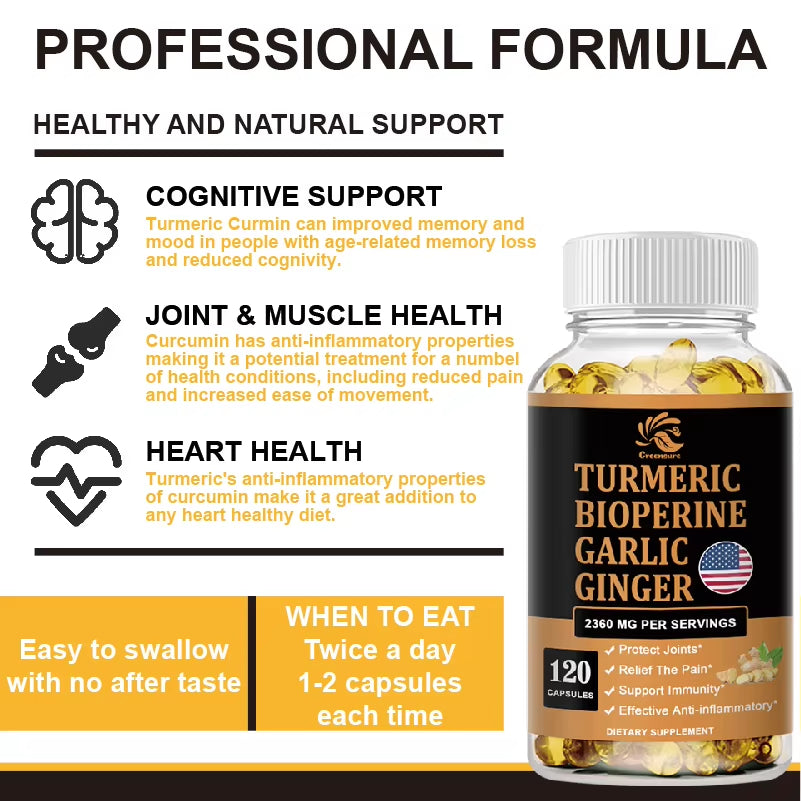 4-In-1 Turmeric Ginger Supplement with Pepperin 2360 Mg with Garlic Curcumin Black Pepper, for Joint, Digestive & Immune Support