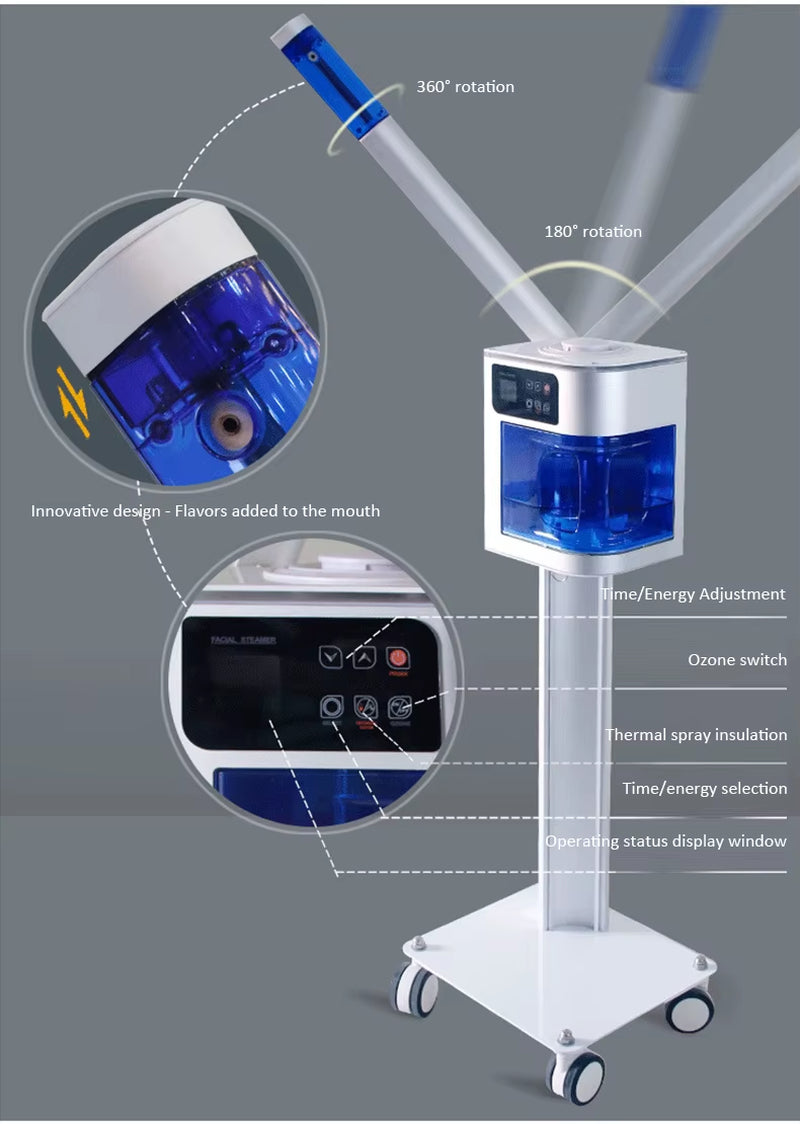 Luxury Beauty Spa Salon Facial Steamer Wheels Professional Ozone Vapor Hot and Cold Face Steamer for Skin Moisturize Cleaning