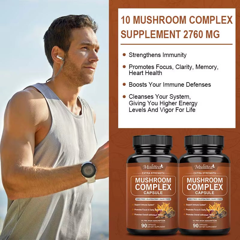 10X Mushroom Complex Capsules with Lions Mane, Chaga Nootropic Brain Supplement for Memory and Focus Relief Stress