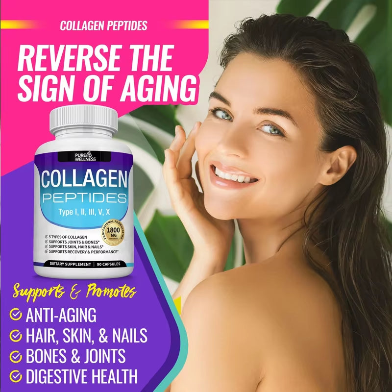 Collagen Peptides 1800Mg - Hair & Skin , Anti-Aging - Types I,Ii,Iii,V,X, Joint and Bone