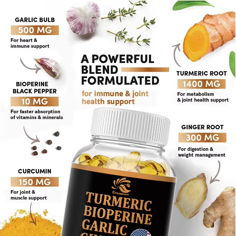 4-In-1 Turmeric Ginger Supplement with Pepperin 2360 Mg with Garlic Curcumin Black Pepper, for Joint, Digestive & Immune Support