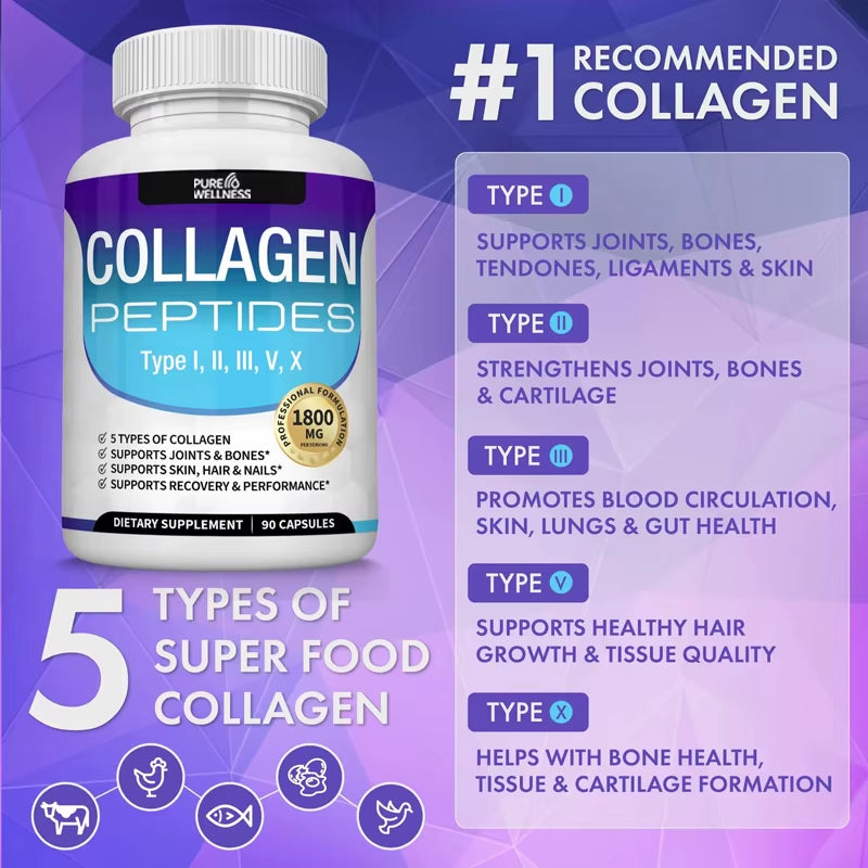 Collagen Peptides 1800Mg - Hair & Skin , Anti-Aging - Types I,Ii,Iii,V,X, Joint and Bone