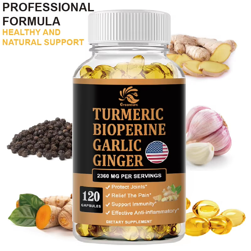 4-In-1 Turmeric Ginger Supplement with Pepperin 2360 Mg with Garlic Curcumin Black Pepper, for Joint, Digestive & Immune Support