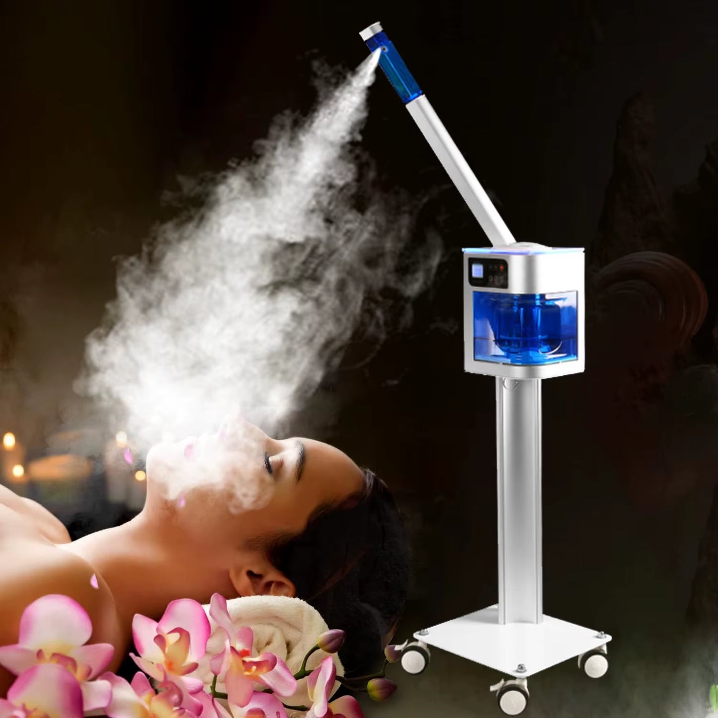 Luxury Beauty Spa Salon Facial Steamer Wheels Professional Ozone Vapor Hot and Cold Face Steamer for Skin Moisturize Cleaning