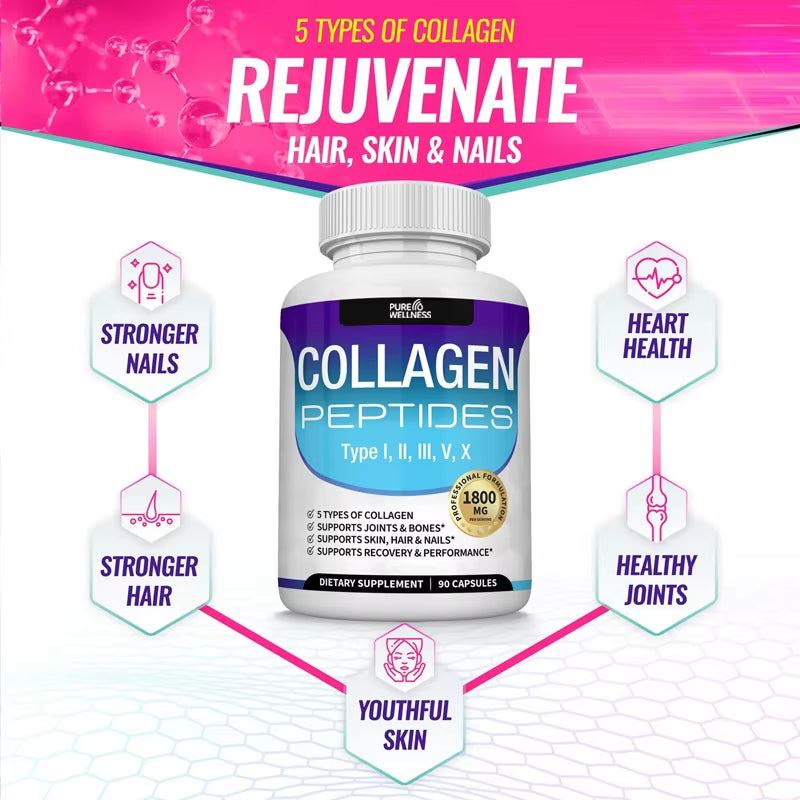 Collagen Peptides 1800Mg - Hair & Skin , Anti-Aging - Types I,Ii,Iii,V,X, Joint and Bone