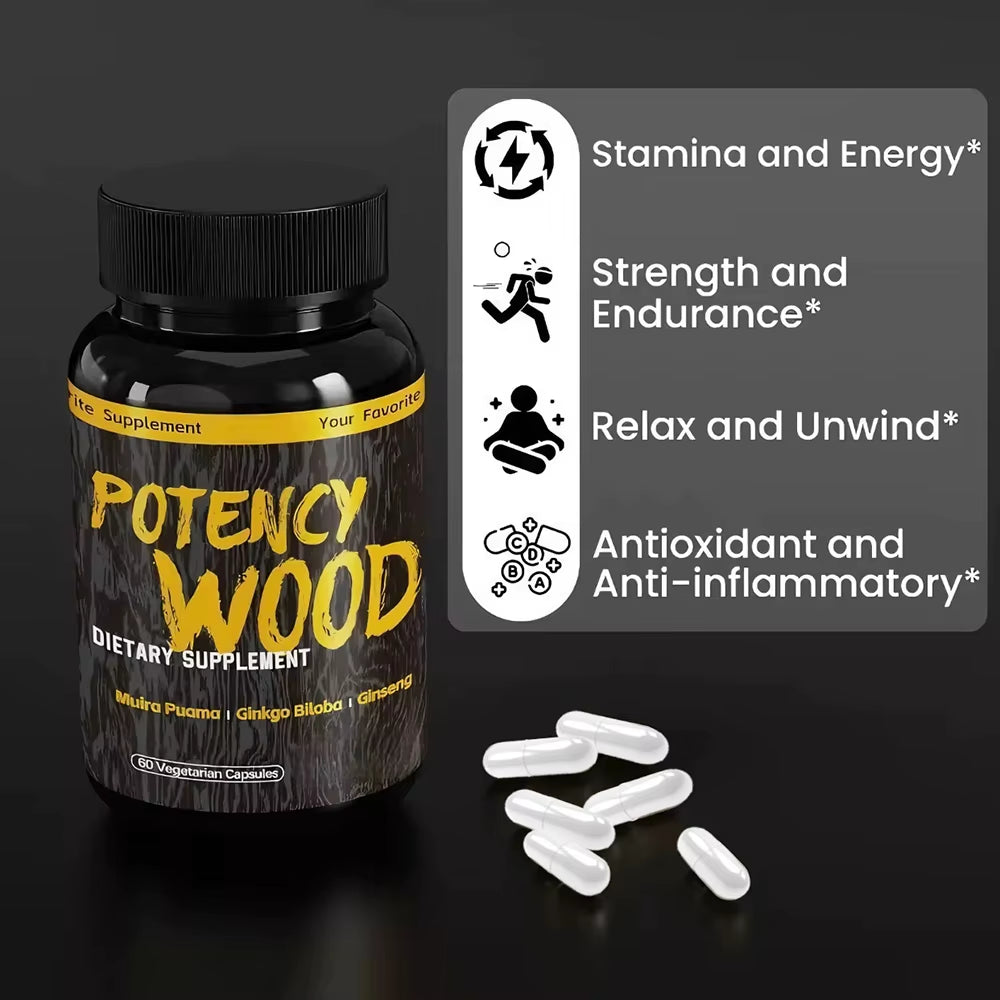 Potency Wood Herbal Supplements with Ginseng Ashwagandha, 60 Capsules, Adaptogen Energy Stamina Immune Antioxidants Gut Health