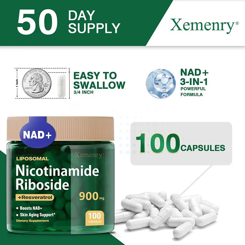 NAD+ Supplement - Anti-Aging, Energy - Liposomal Nicotinamide Riboside Capsules 900Mg with Resveratrol & Quercetin Capsules