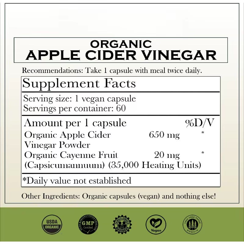 Organic Apple Cider Vinegar Capsules Containing Mother and Organic Cayenne | 650Mg | 60 Vegetarian Capsules