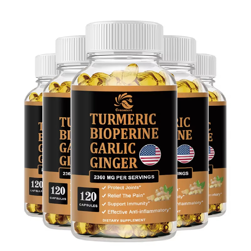 4-In-1 Turmeric Ginger Supplement with Pepperin 2360 Mg with Garlic Curcumin Black Pepper, for Joint, Digestive & Immune Support