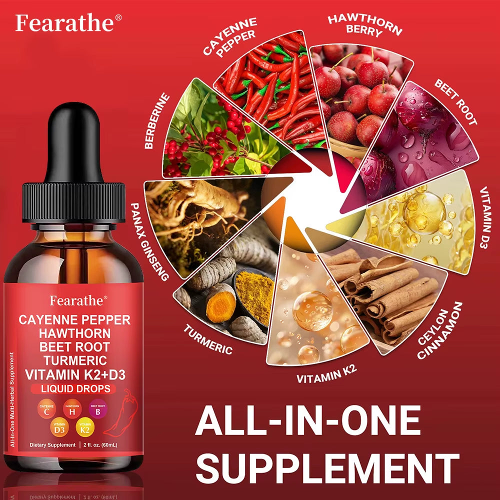 Cayenne Pepper Liquid Drops,Cayenne Pepper Hawthorn Beet Root Drops,Organic Cayennee Pepper Supplement,60Ml Plant-Based Liquid