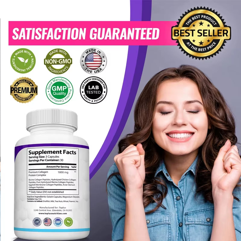 Collagen Peptides 1800Mg - Hair & Skin , Anti-Aging - Types I,Ii,Iii,V,X, Joint and Bone