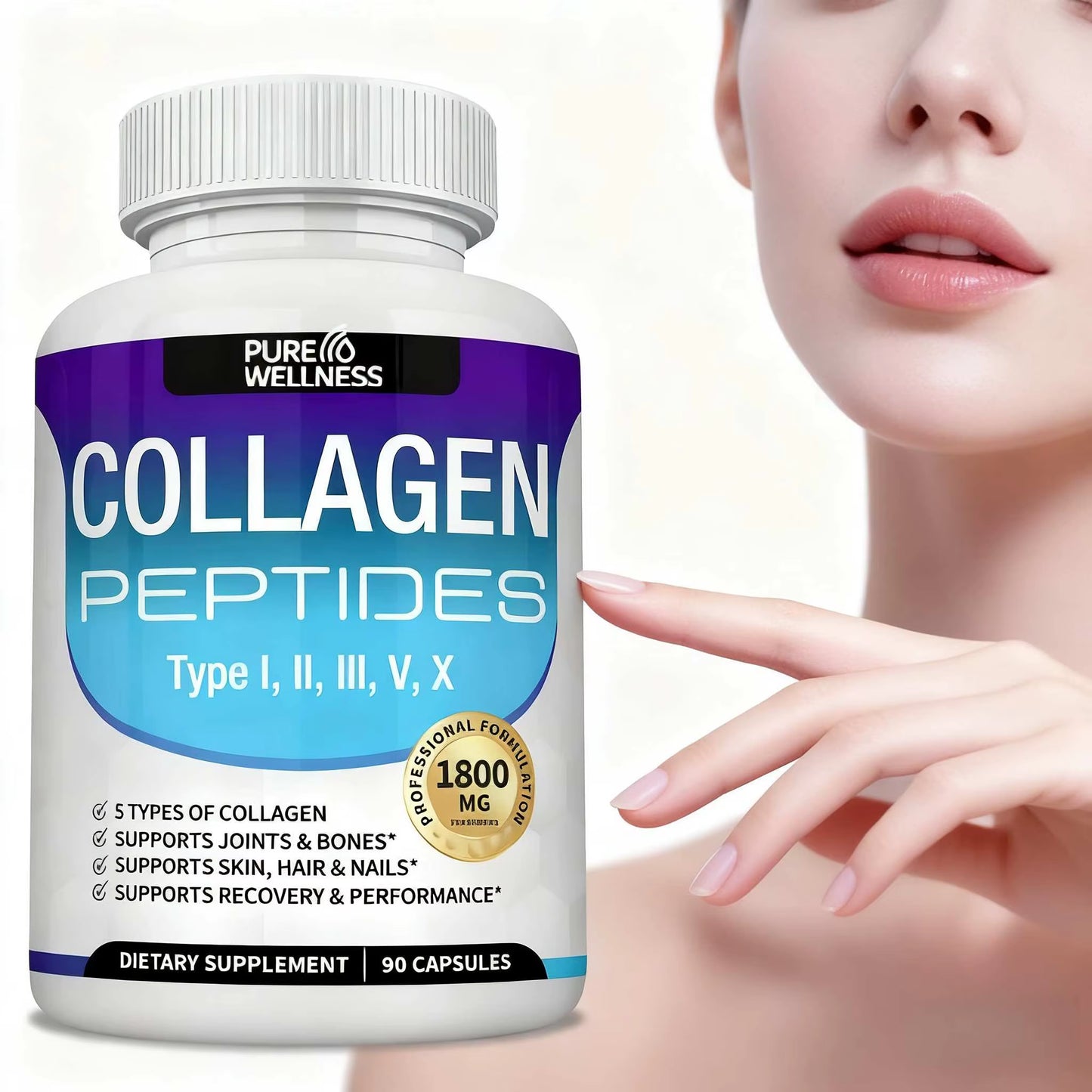 Collagen Peptides 1800Mg - Hair & Skin , Anti-Aging - Types I,Ii,Iii,V,X, Joint and Bone