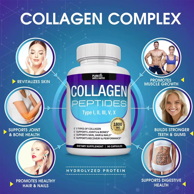 Collagen Peptides 1800Mg - Hair & Skin , Anti-Aging - Types I,Ii,Iii,V,X, Joint and Bone