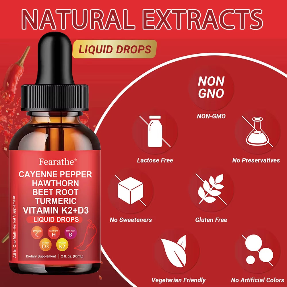 Cayenne Pepper Liquid Drops,Cayenne Pepper Hawthorn Beet Root Drops,Organic Cayennee Pepper Supplement,60Ml Plant-Based Liquid