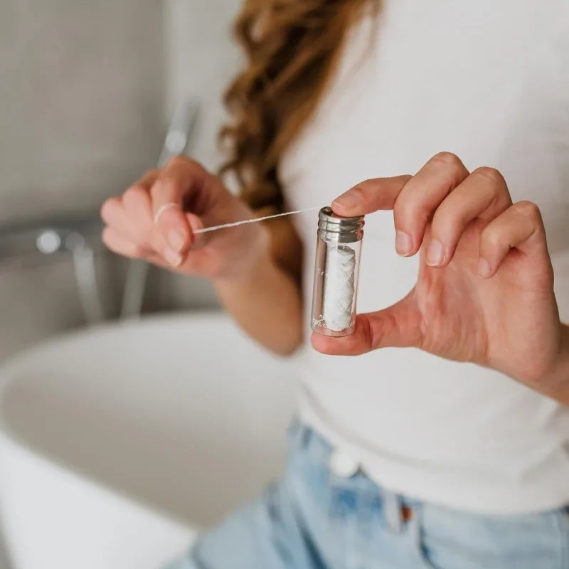 30M Vegan Biodegradable Bamboo Charcoal Dental Floss with Refillable Glass Holder Mint Flavored Tiny Floss (Black,White)