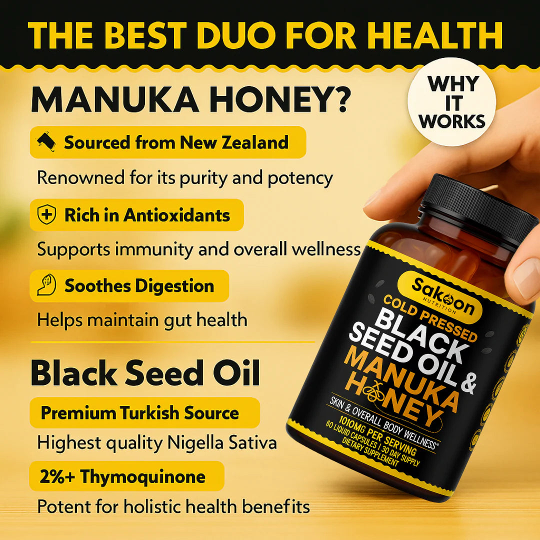 Revitalize Your Health with Black Seed Oil & Manuka Honey Capsules - 1000mg of Pure Wellness in Every Dose!